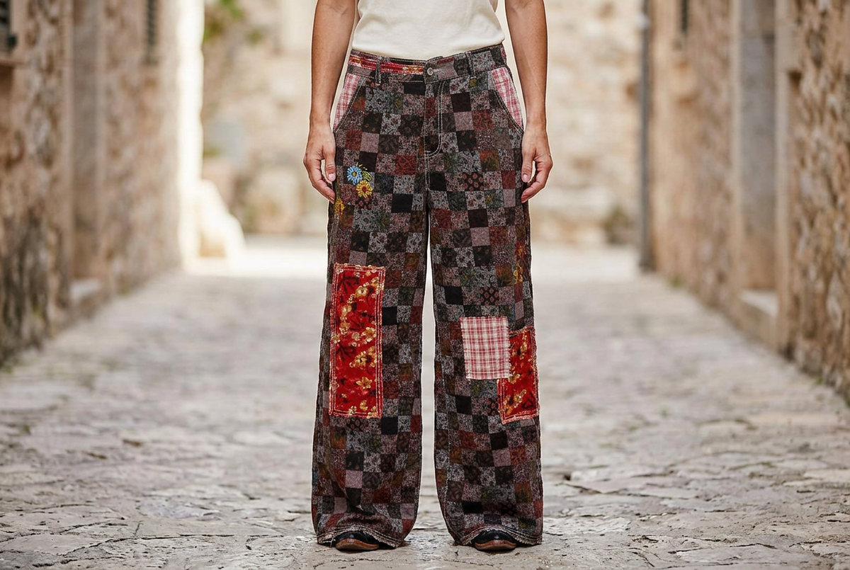 POL Clothing women's burgundy paisley pants with red floral and pink plaid patches, front detail in a courtyard