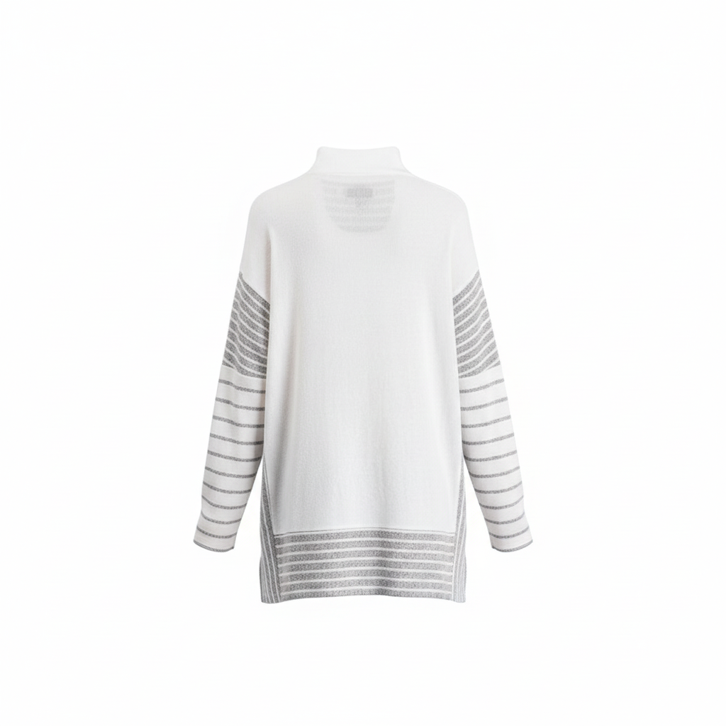Women's white striped knit pullover sweater ghost mannequin back view ribbed cuffs relaxed fit detail