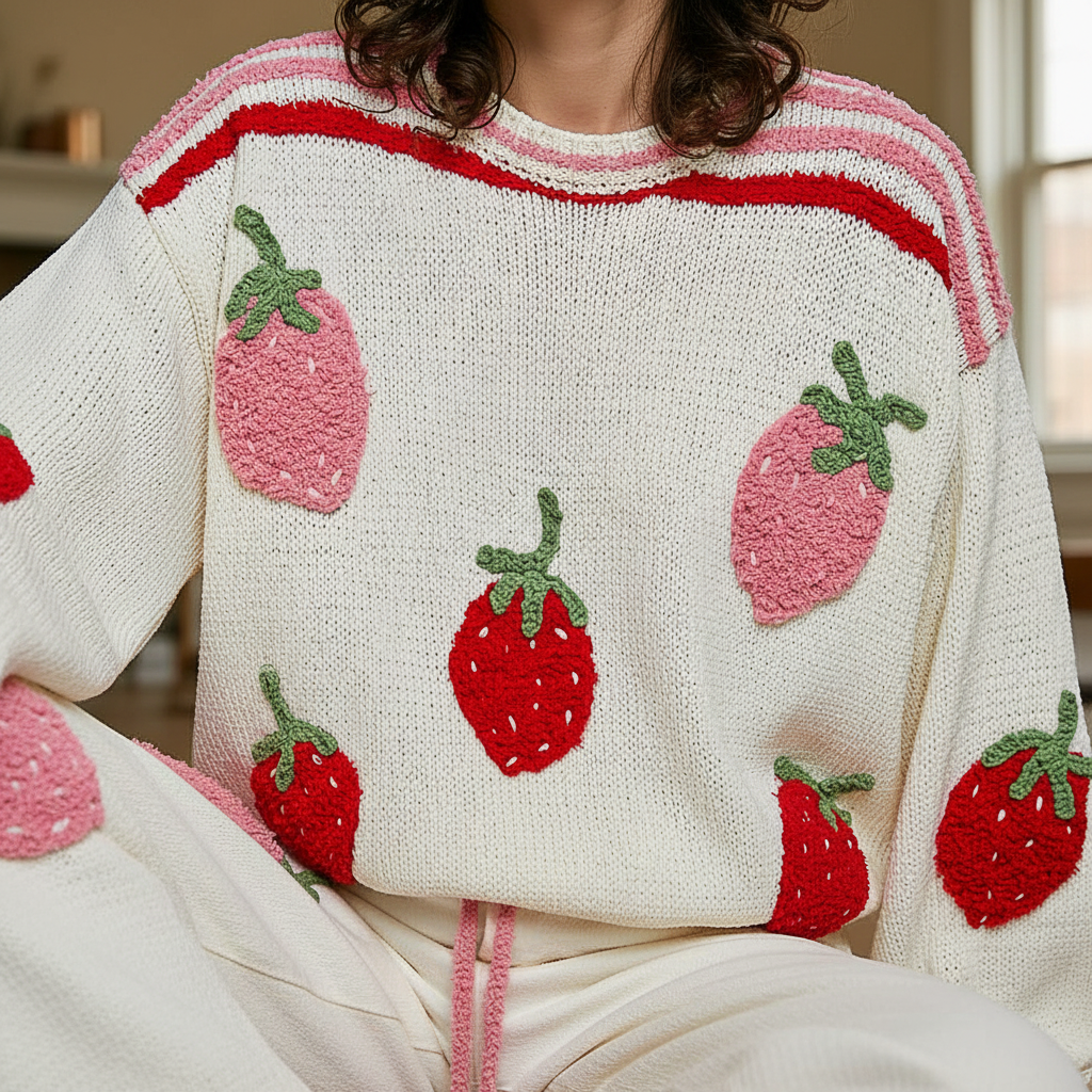 POL Clothing cream knit sweater detail, red and pink 3D strawberry appliques with green crocheted stems
