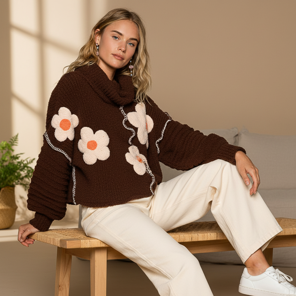 POL Clothing brown boucle turtleneck sweater with daisy patches in cozy home interior seated styling