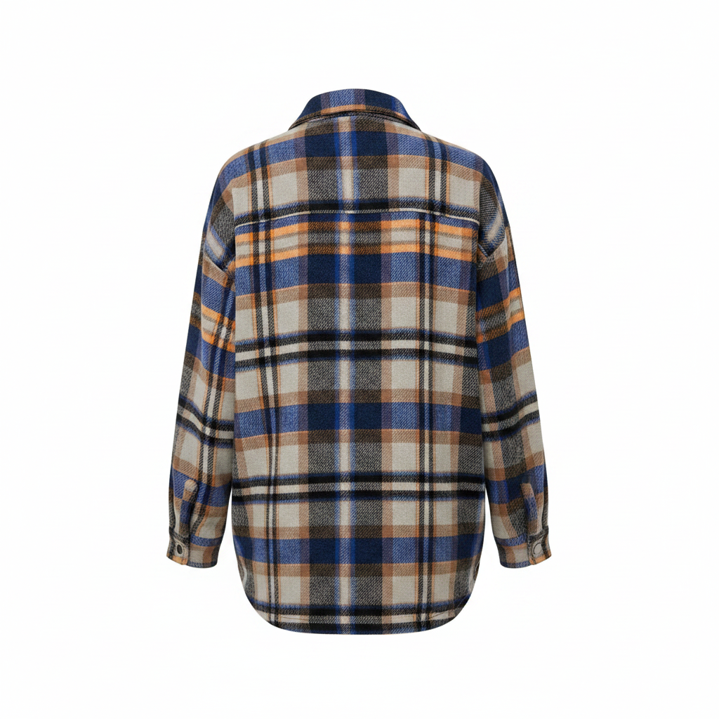 Women's blue camel plaid shacket, back view, full plaid pattern, long sleeves, relaxed hip-length fit