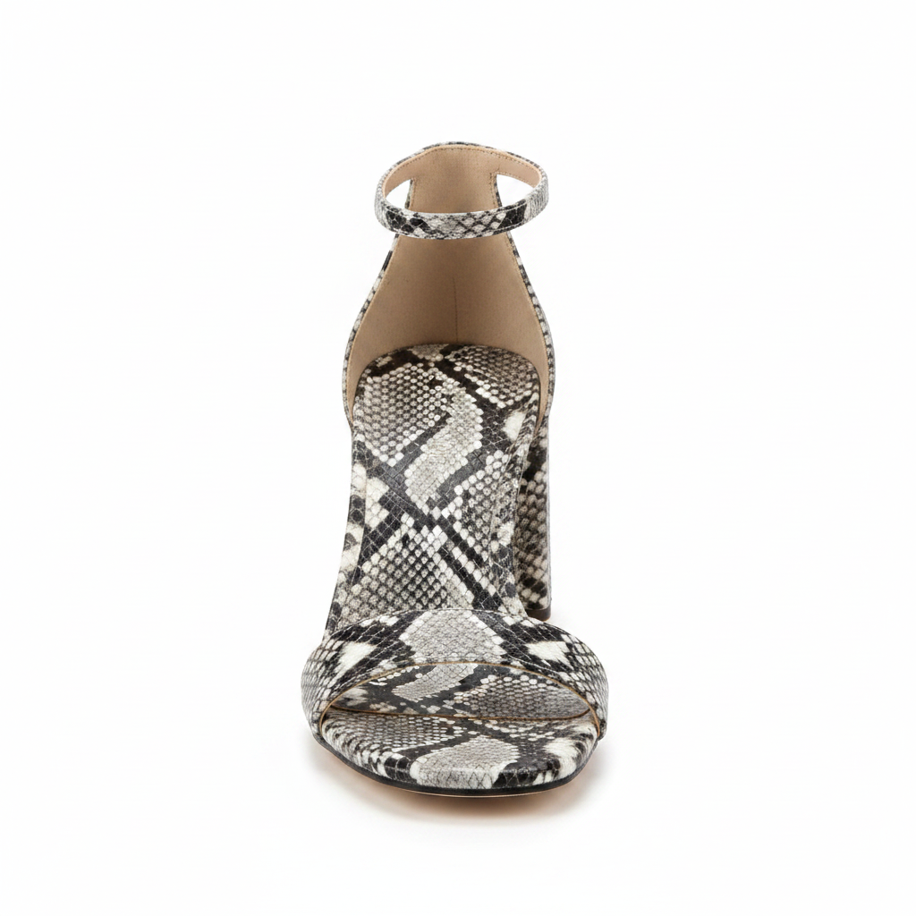Snakeskin-print block heel ankle strap sandal, straight front view, open toe strap and chunky heel, black white grey python, white background