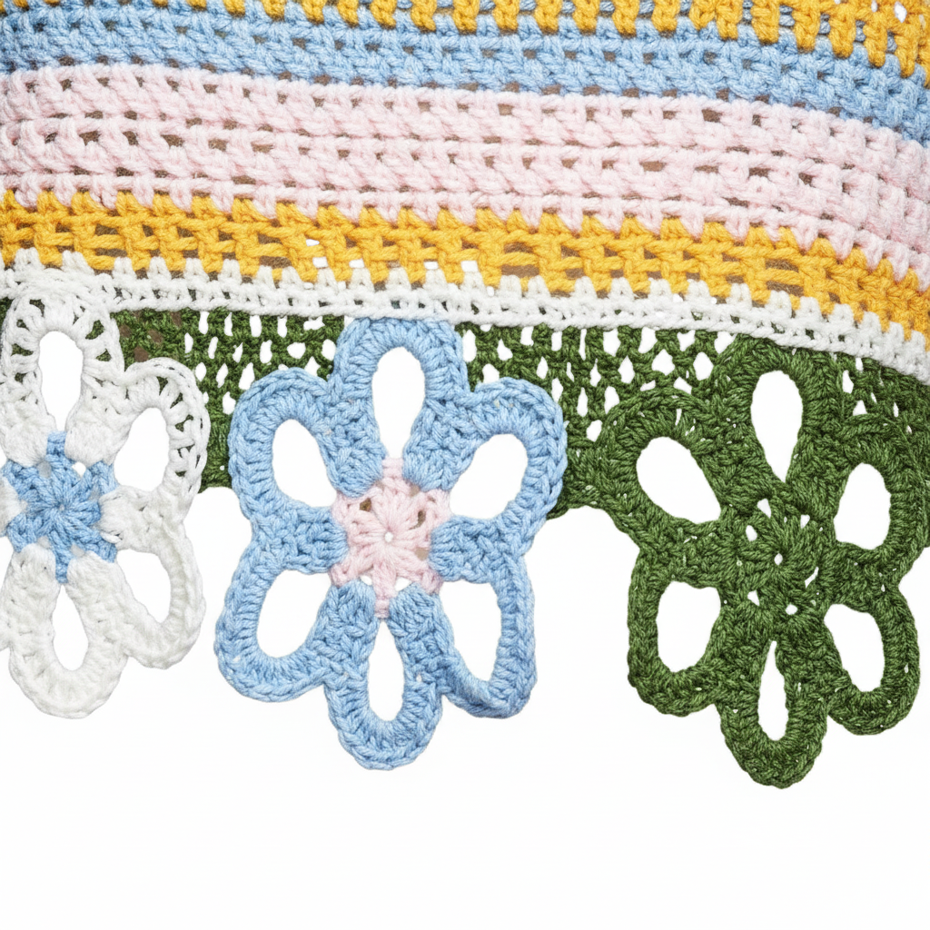 POL crochet flower appliqué hem trim detail, multicolor open weave crop top