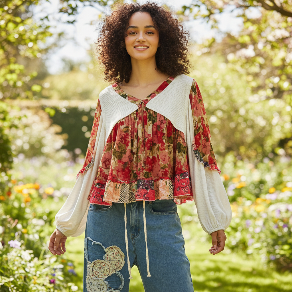Women's ivory patchwork boho blouse, red floral chiffon body, ribbed knit overlay, ruffle hem, relaxed breezy fit