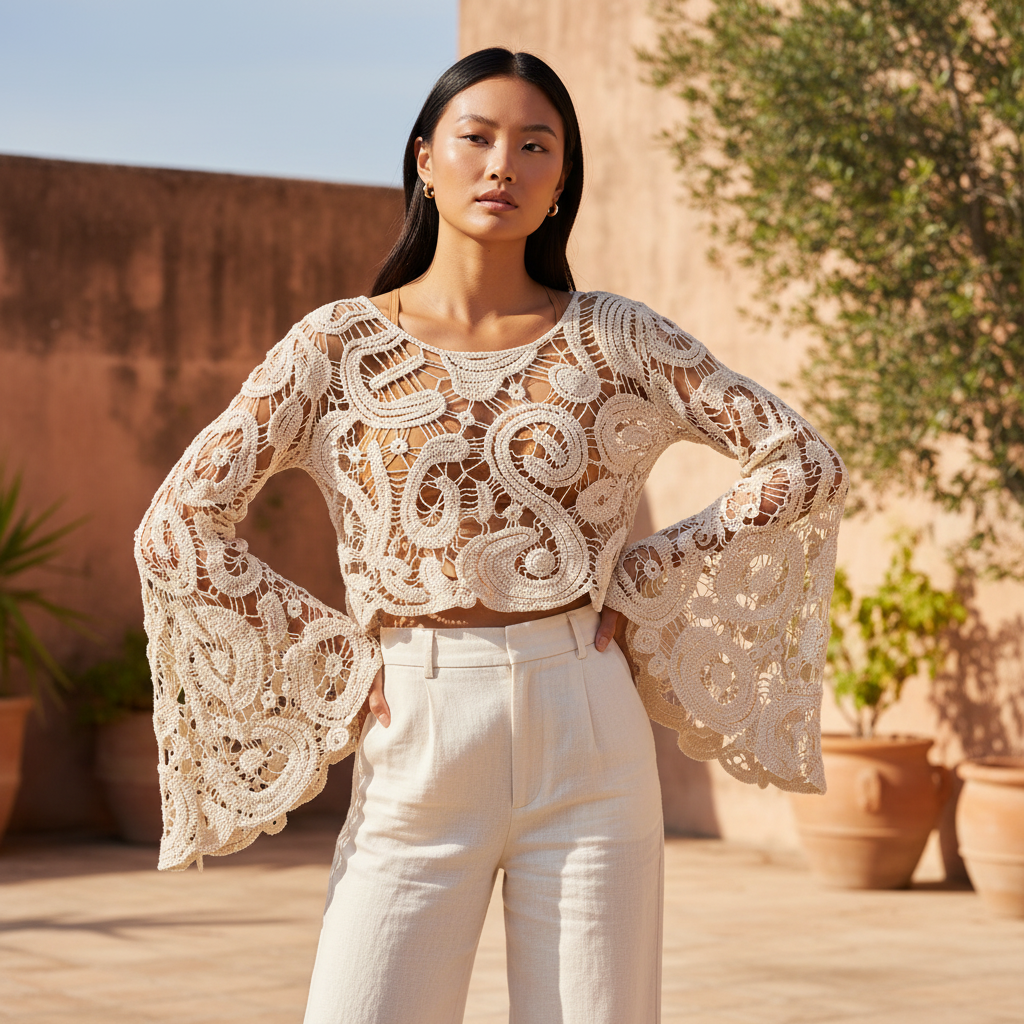 Women's beige sheer paisley crochet crop top bell sleeves Mediterranean terrace cream trousers - BellanBlue