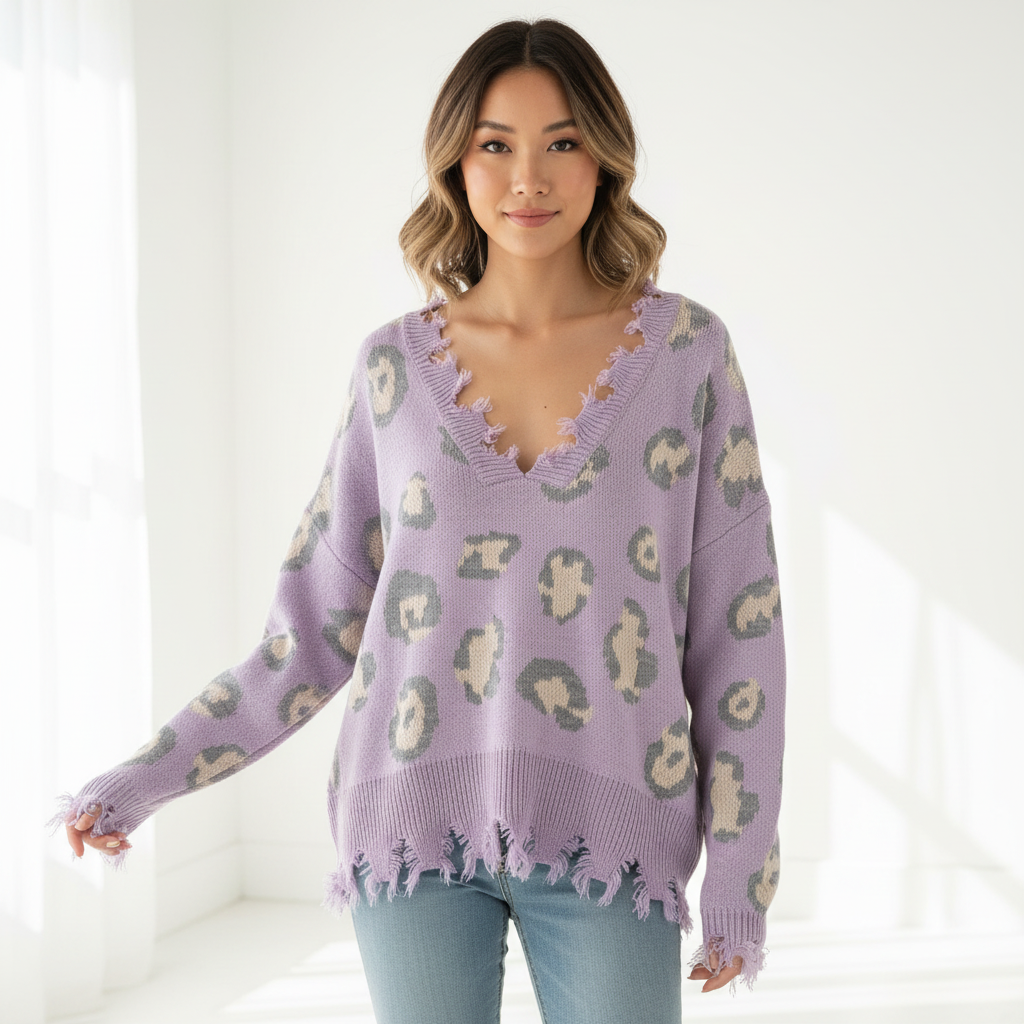 Women's lavender leopard print distressed knit sweater, standing, frayed V-neckline, oversized fit - BellanBlue