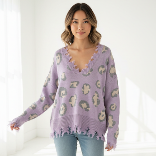 Women's lavender leopard print distressed knit sweater, standing, frayed V-neckline, oversized fit - BellanBlue