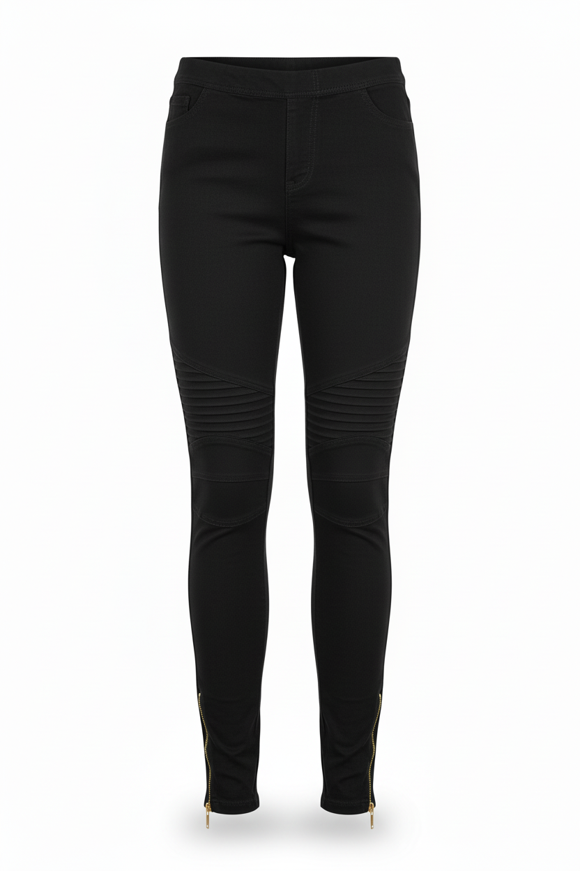 Women's moto leggings in black - front view showing moto seaming, knee ruching, and gold ankle zipper