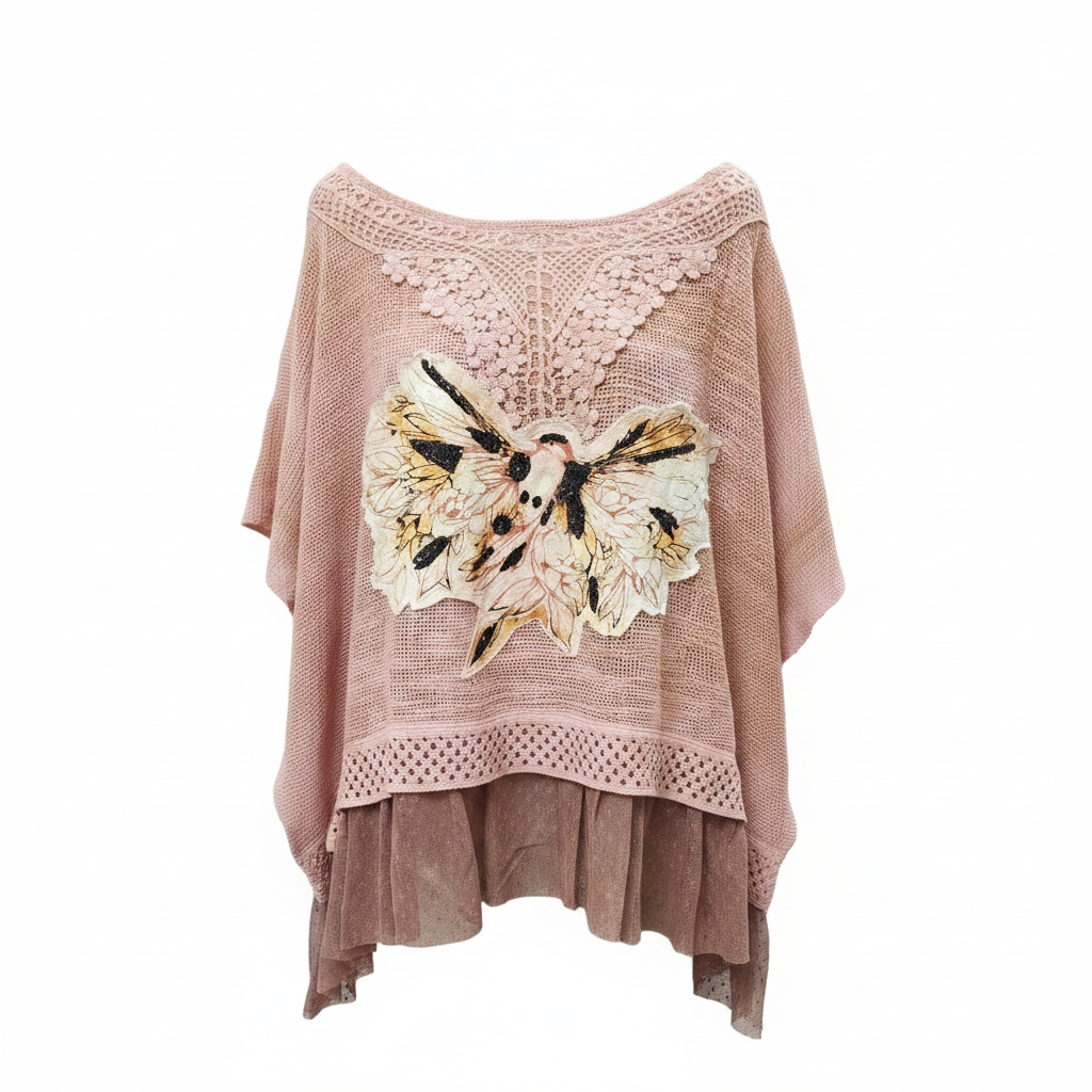 Women's blush pink open-weave knit throwover top with moth applique, lace trim, boho fit - BellanBlue