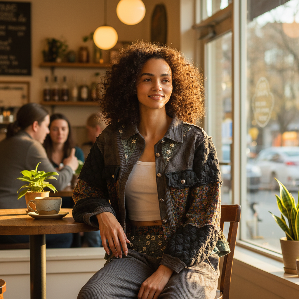 Women's charcoal quilted jacket with balloon sleeves worn for an elevated casual look