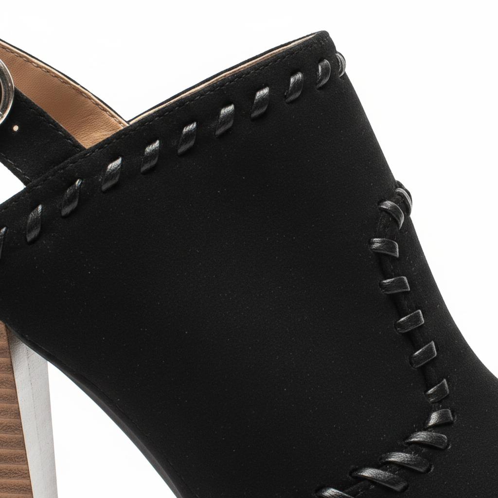 Qupid DAYOFF-23X black suede PU peep-toe slingback mule, close-up of black whipstitch trim detail along the upper panel