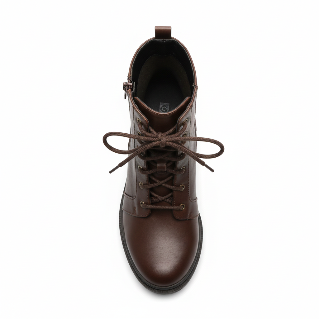 Women's brown combat ankle boots top view - showing lace-up opening and interior