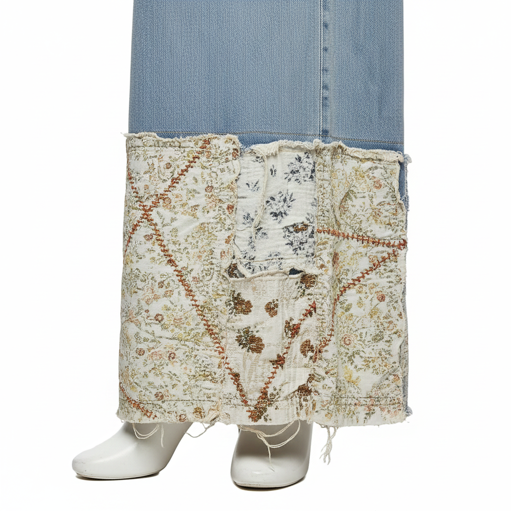 Women's denim patchwork pants close-up, cream floral tapestry hem panel, frayed raw denim edge detail
