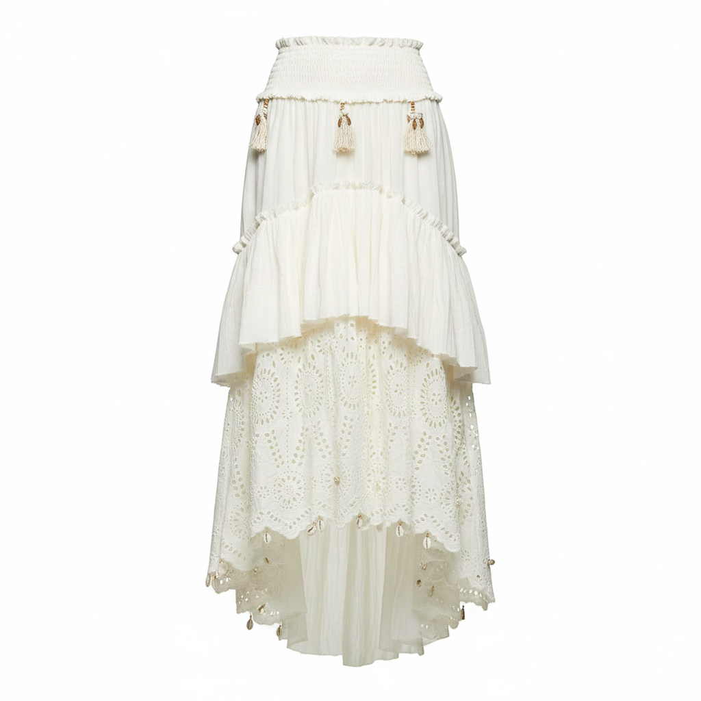 Women's POL Clothing natural ivory smocked waist tiered maxi skirt front view cotton