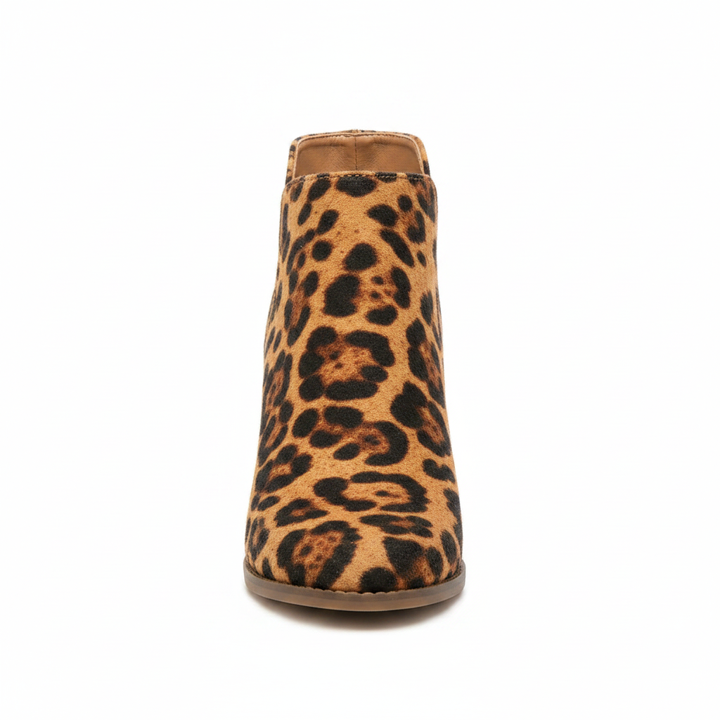 Women's leopard print ankle bootie front view round toe V-notch opening stacked block heel