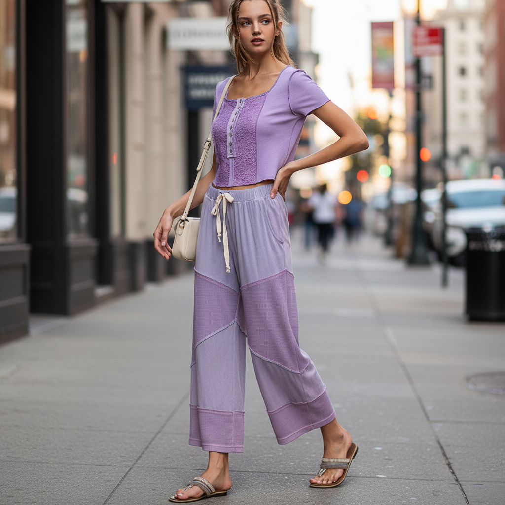 POL women's dusty lilac wide-leg cropped pants with diagonal patchwork panels, boutique street style walk