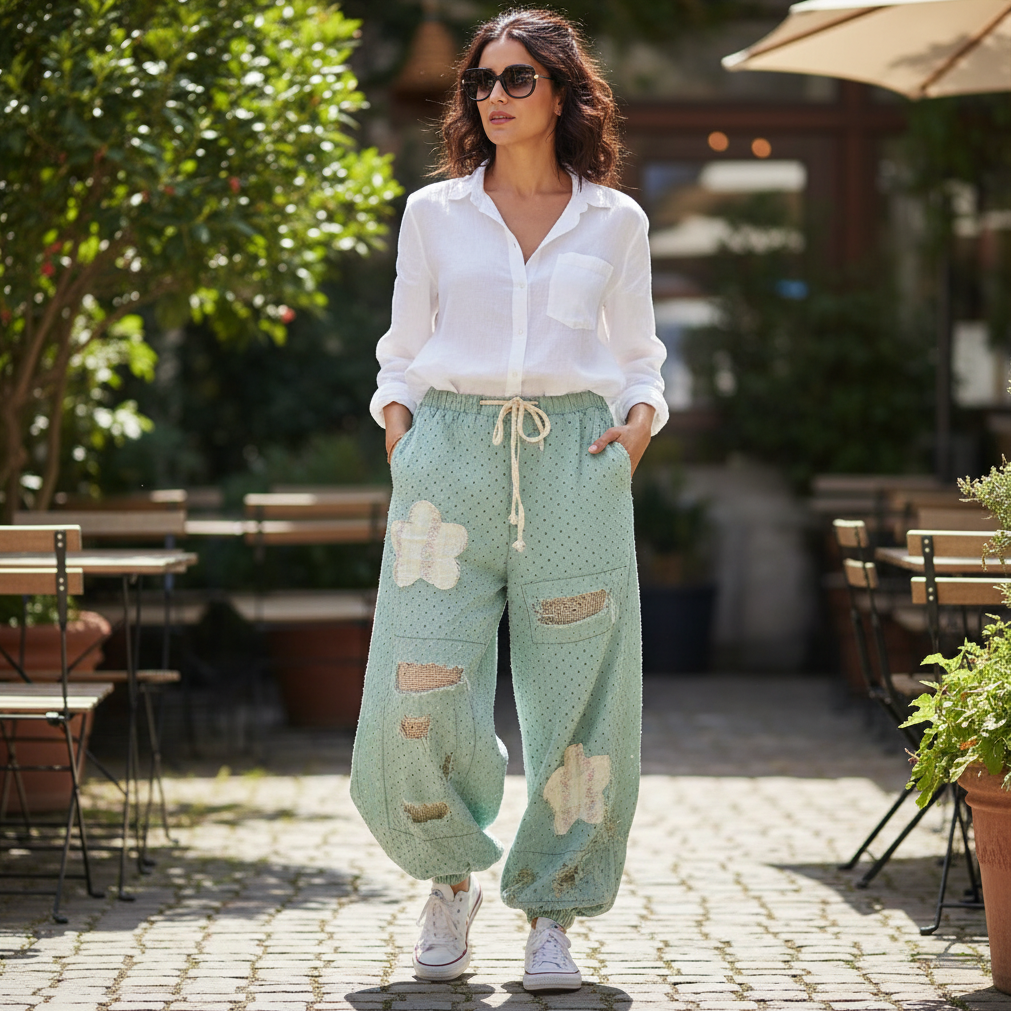 Women's sage green polka dot wide-leg pants styled with white linen shirt at sunny café terrace