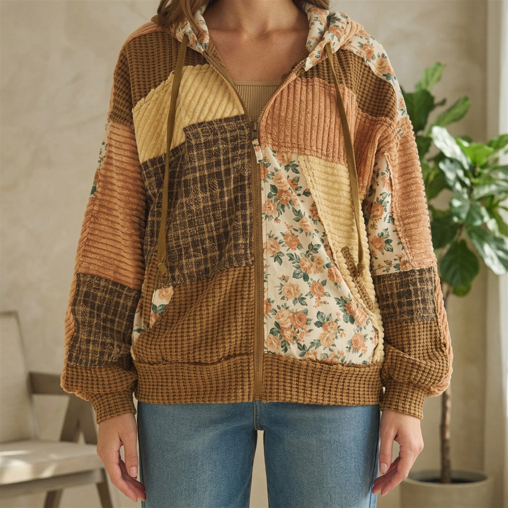 Front detail of a brown hooded jacket with floral pockets, plaid panels, textured cuffs and zip closure.