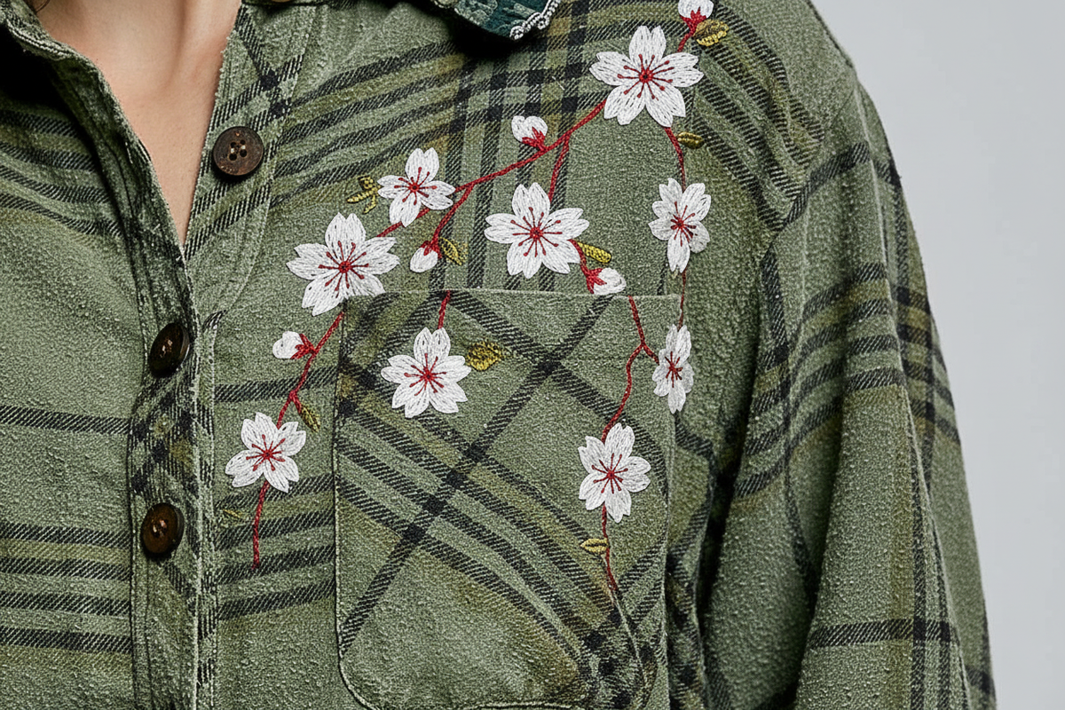 POL Clothing Olive Plaid Patchwork Button-Up Top — cherry blossom embroidery chest detail close-up