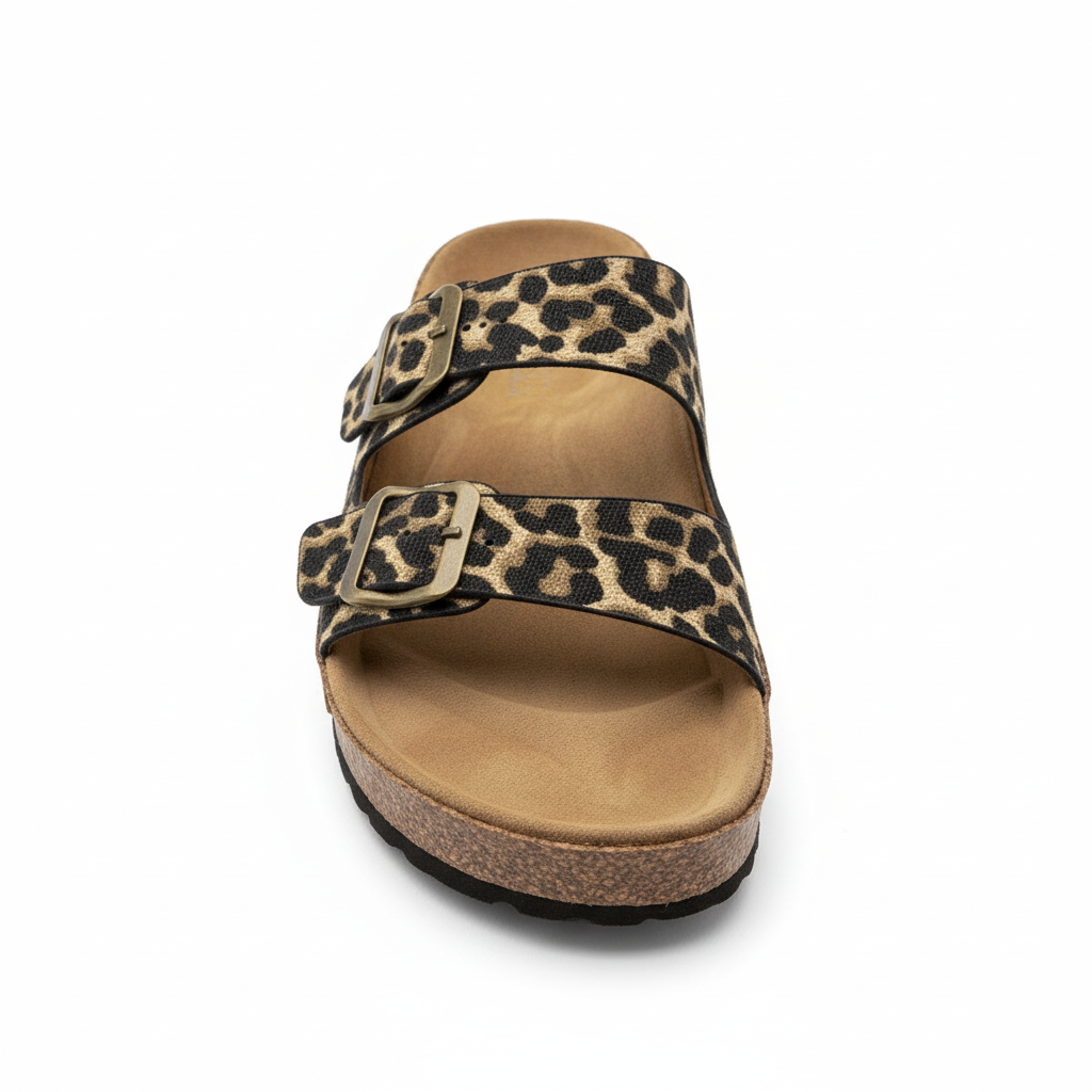 Women's leopard print double buckle cork platform slide sandal front view tan suede footbed antique gold hardware