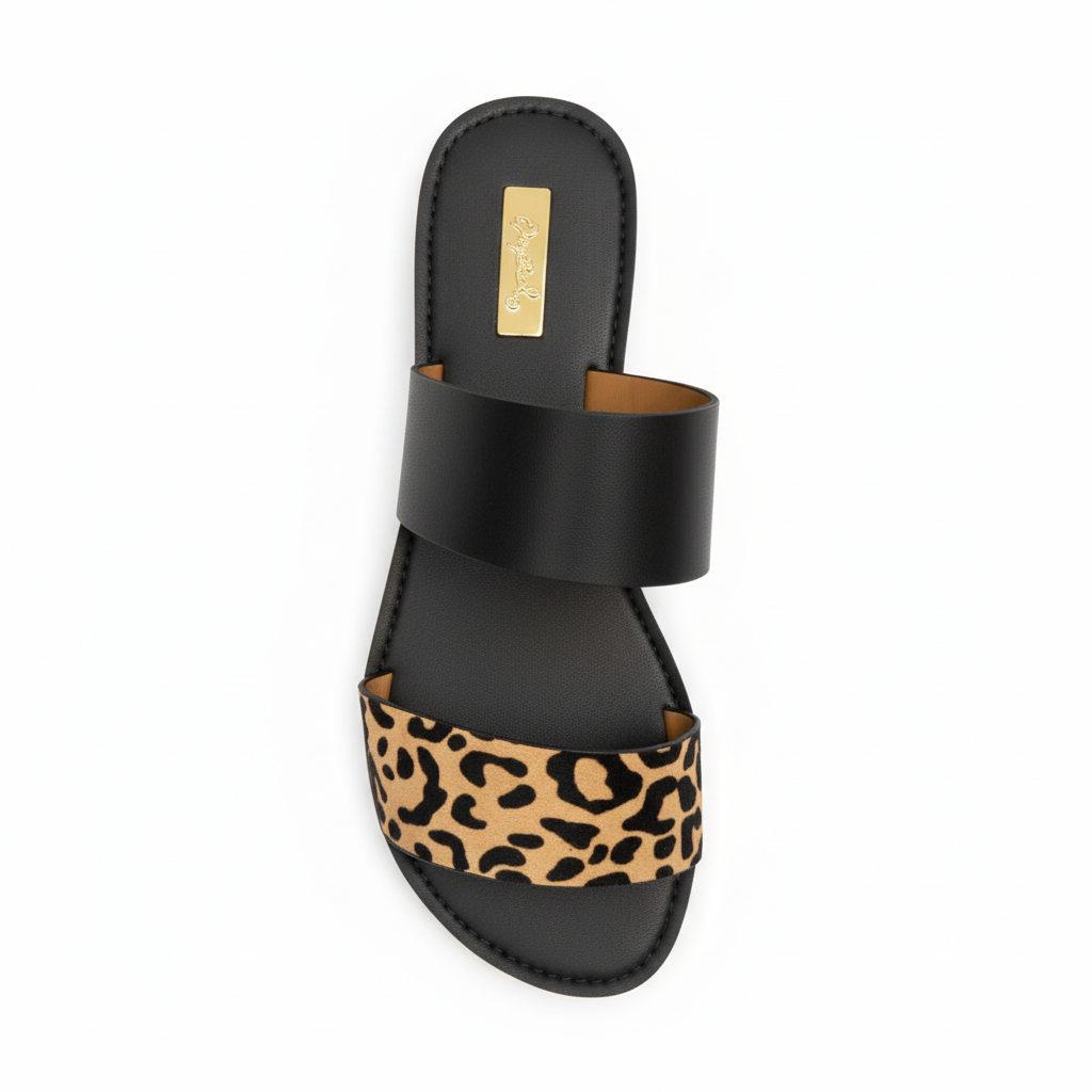 Women's leopard print double-strap flat slide sandal top view showing black footbed and gold insole plate white background - BellanBlue