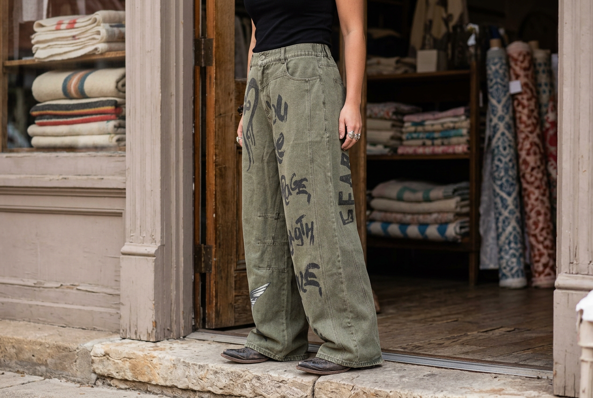Side view of roomy olive graphic jeans with curved panel seams, worn with a black top at a textile shop entrance.
