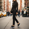 Woman wearing camel leopard print lace-up sneakers with black mesh panels, styled with black jeans and turtleneck on a city sidewalk