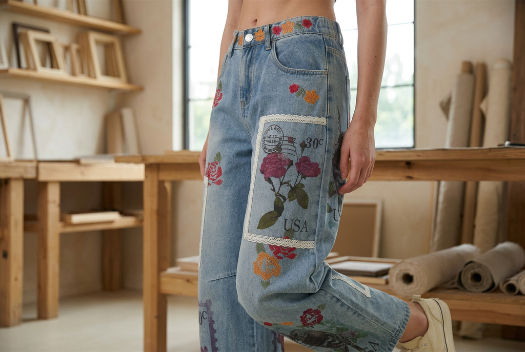 Close-up of a lace-edged floral postage panel and embroidered flowers on washed blue denim