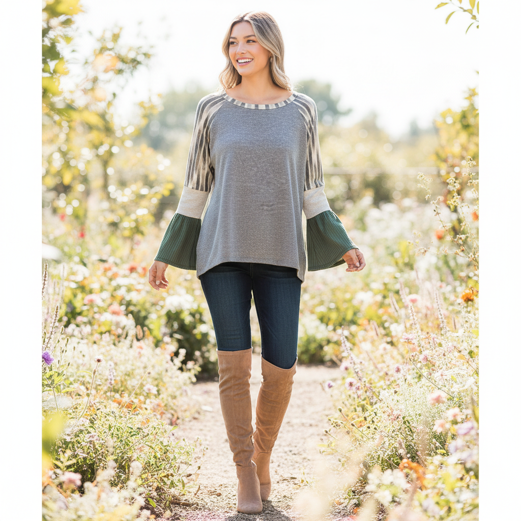 Women's grey mixed knit top, stripe raglan sleeves, olive bell ruffle cuffs, soft knit relaxed fit - BellanBlue