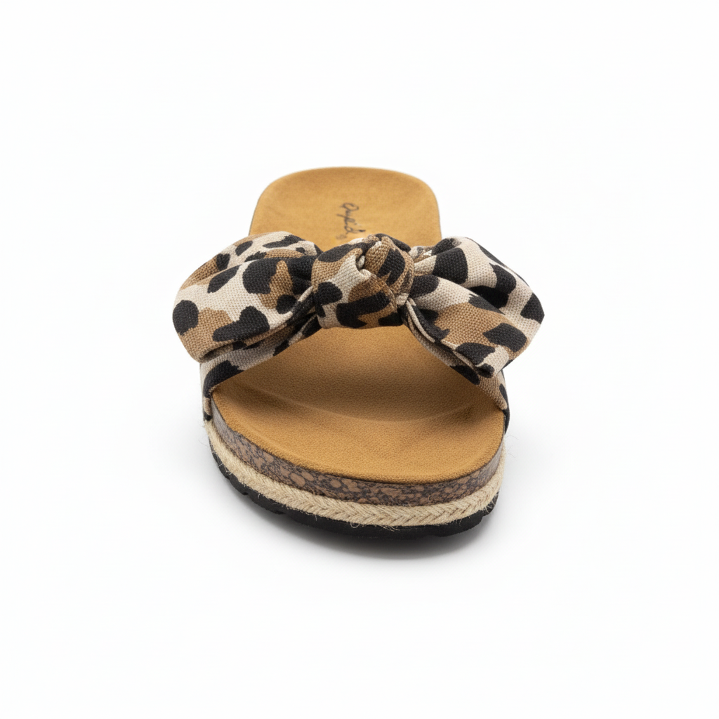Women's leopard print canvas knotted bow slide sandal with cork-effect jute-trim sole, front view, white background