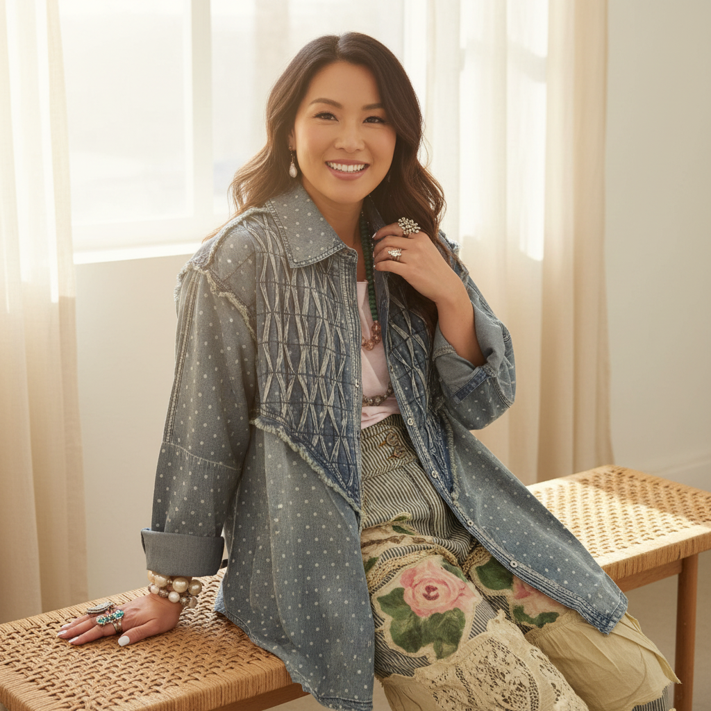 Women's light blue polka dot denim jacket quilted detail relaxed oversized fit bright airy interior