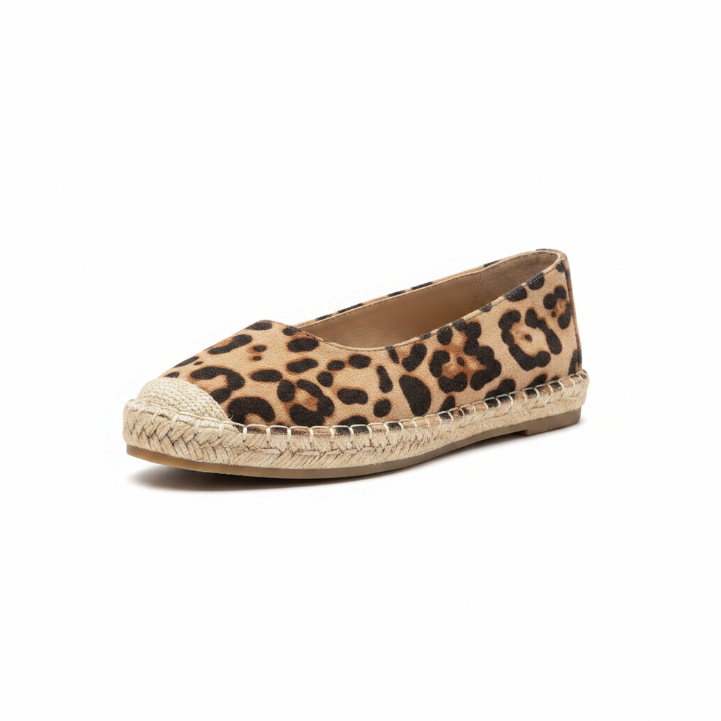 Bella Marie leopard espadrille flat, 3/4 front angle view, tan and black leopard print suede upper