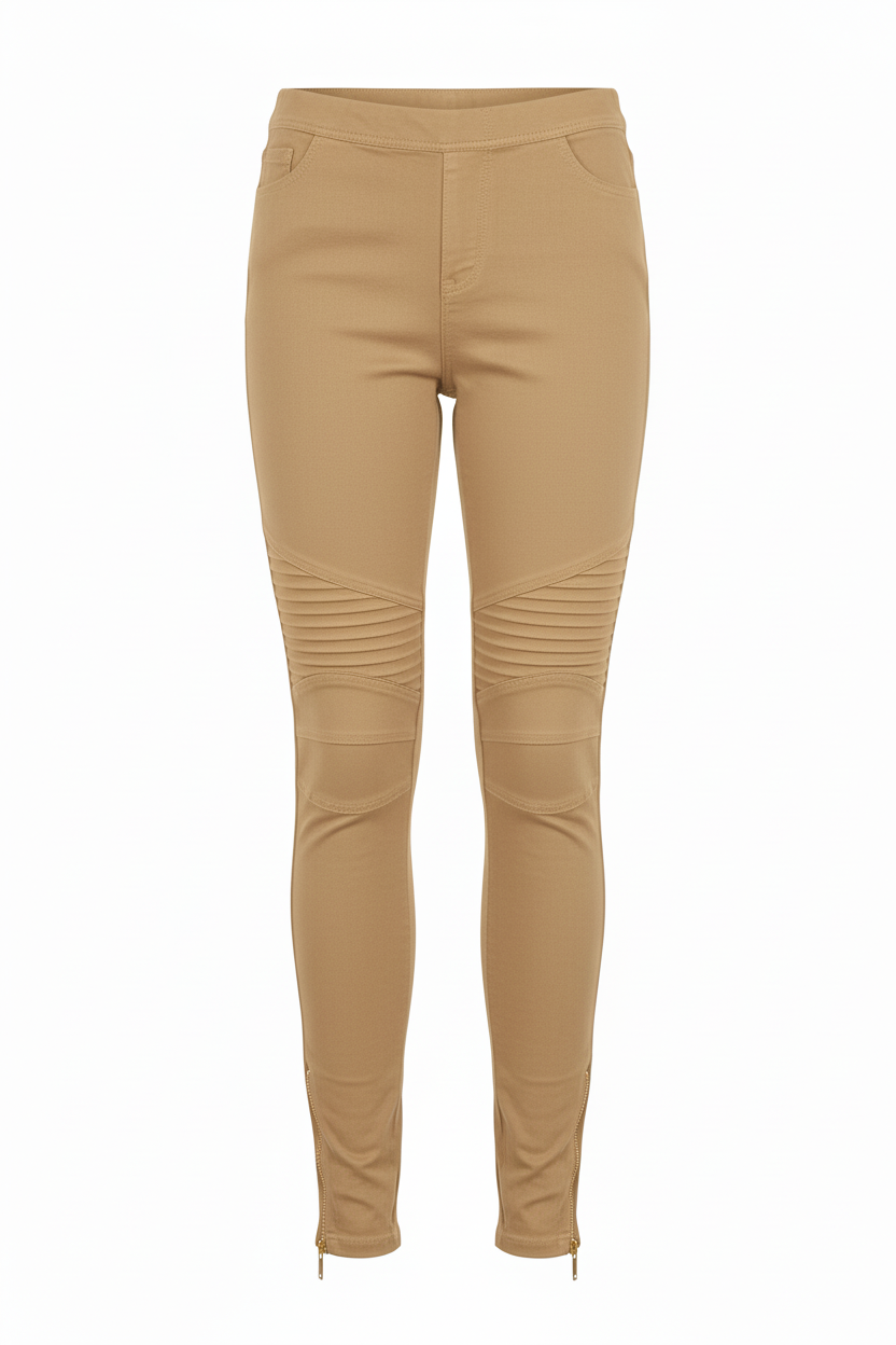 Women's moto leggings in khaki - front view showing moto seaming, knee ruching, and gold ankle zipper