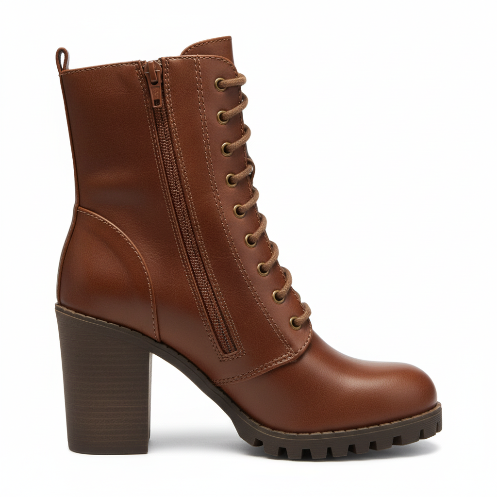 Women's brown leather lace-up combat boots - side profile showing block heel and zipper detail