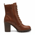 Women's brown leather lace-up combat boots - side profile showing block heel and zipper detail