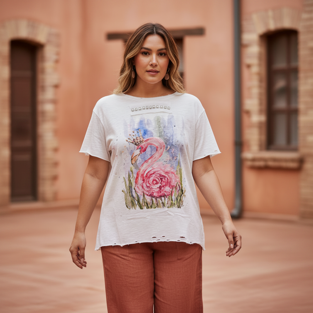 Women's white flamingo crown graphic tee with rhinestone trim, oversized boho fit, walking movement, terracotta courtyard