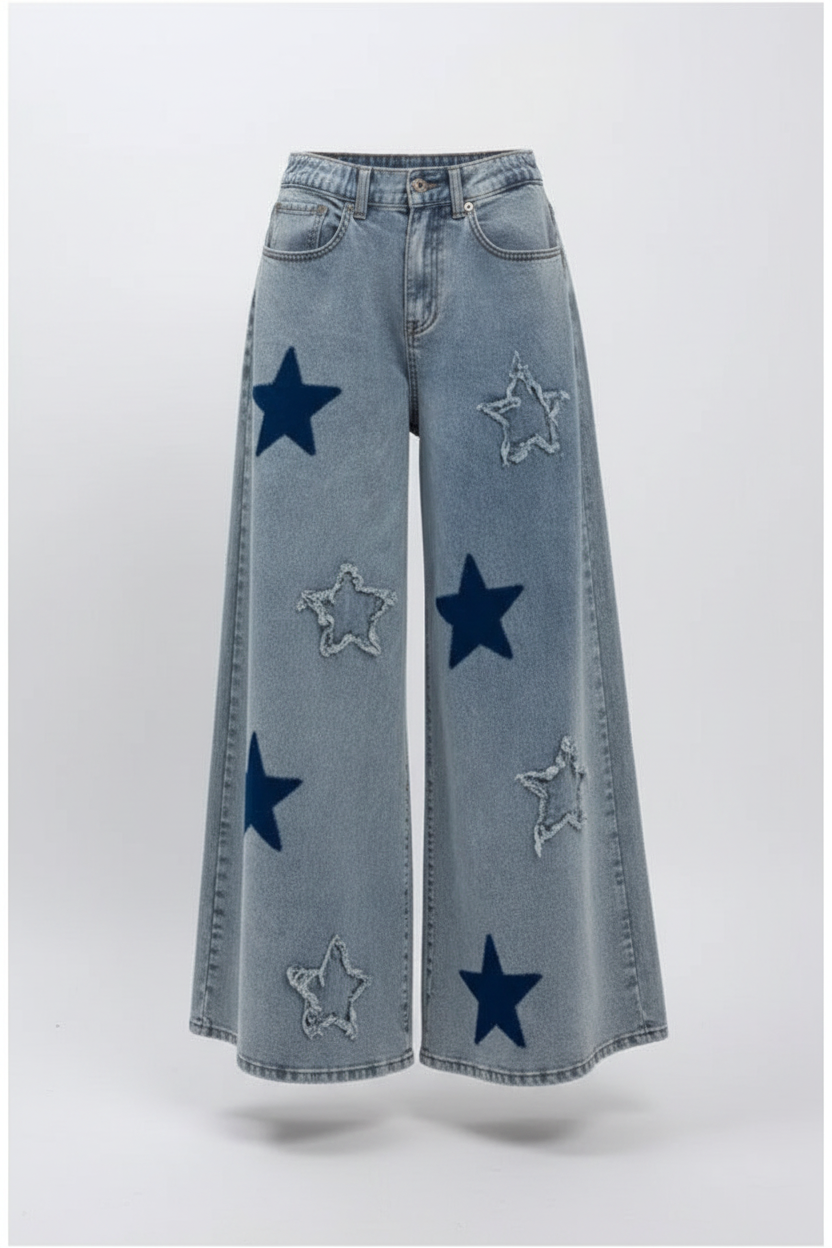 Star Patch Wide-Leg Distressed Jeans in light gray-blue wash - front view showing solid navy blue stars and distressed outline star patches