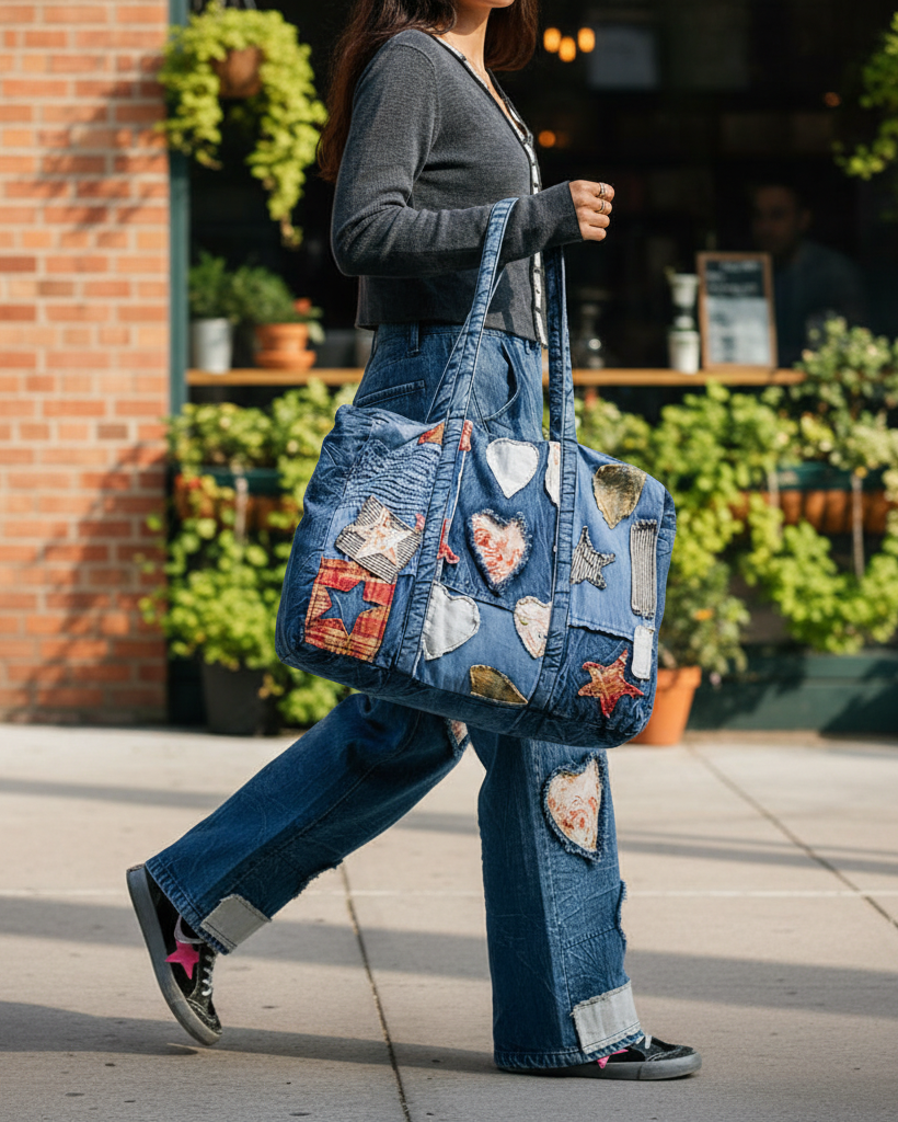 POL Clothing Women's Deep Denim POL Patchwork Denim Tote Bag with durable shoulder straps and relaxed boho styling
