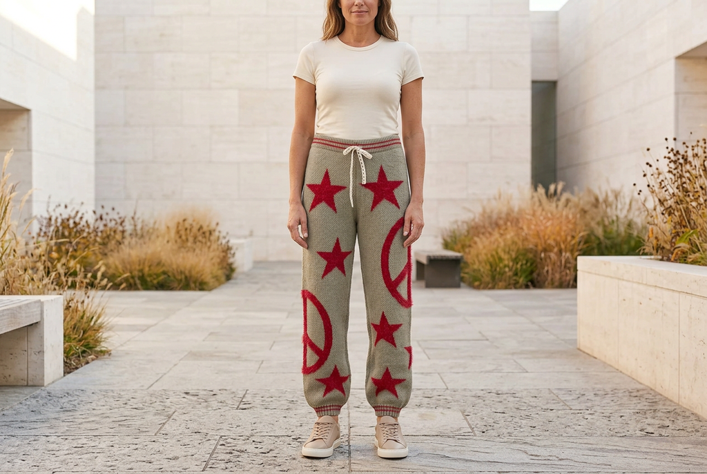 Woman wearing olive star and peace-sign knit joggers with a cream tee in a modern landscaped plaza.
