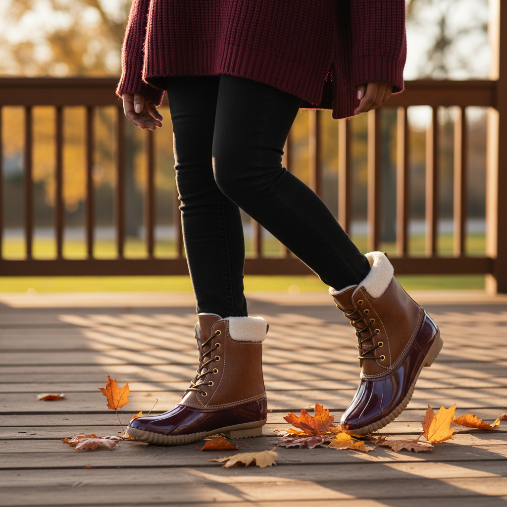 Women's bordeaux duck boot with brown vegan leather upper worn with burgundy knit sweater on rustic porch with autumn leaves