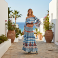 POL women's blue stripe printed woven off-shoulder crop top and tiered maxi skirt set at Mediterranean resort - BellanBlue