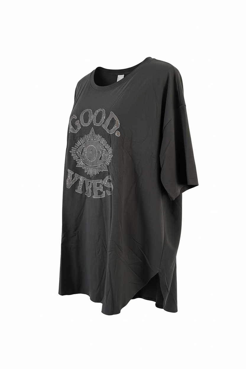 Good Vibes oversized graphic tee in charcoal - three-quarter angle view showing front graphic and side profile