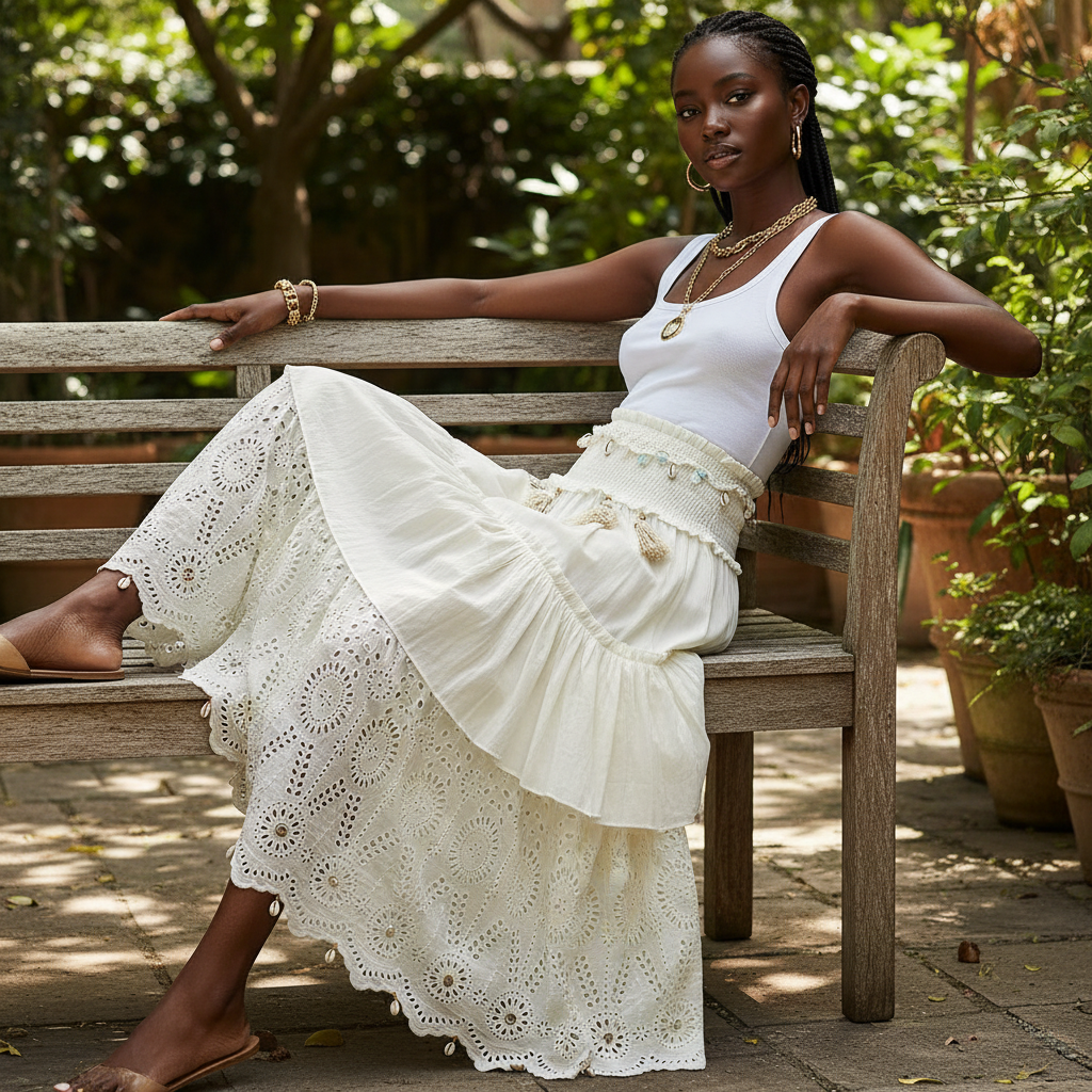 Women's POL Clothing off-white broderie anglaise tiered skirt draped volume boho maxi