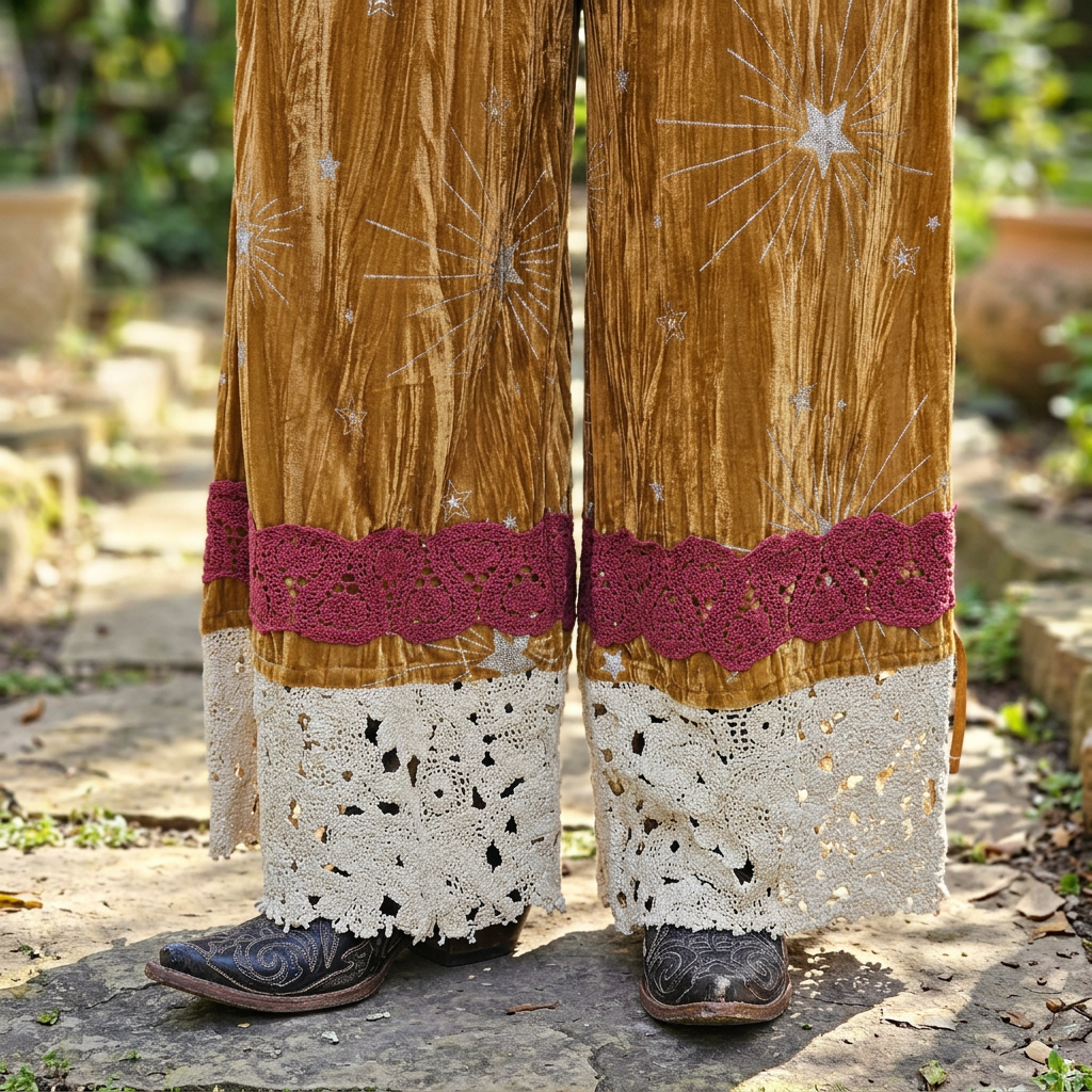 A Rare Bird Shop gold velvet pantaloons with burgundy-pink trim and cream floral crochet hems