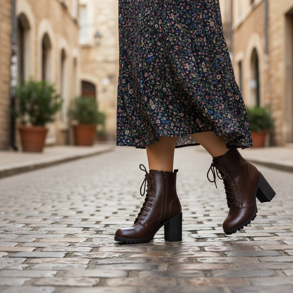 Women's dark brown lace-up combat bootie with chunky heel worn with floral midi skirt on cobblestone street