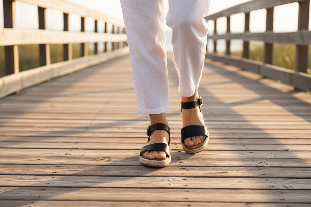 City Classified black espadrille platform sandals on model, beach boardwalk lifestyle shot
