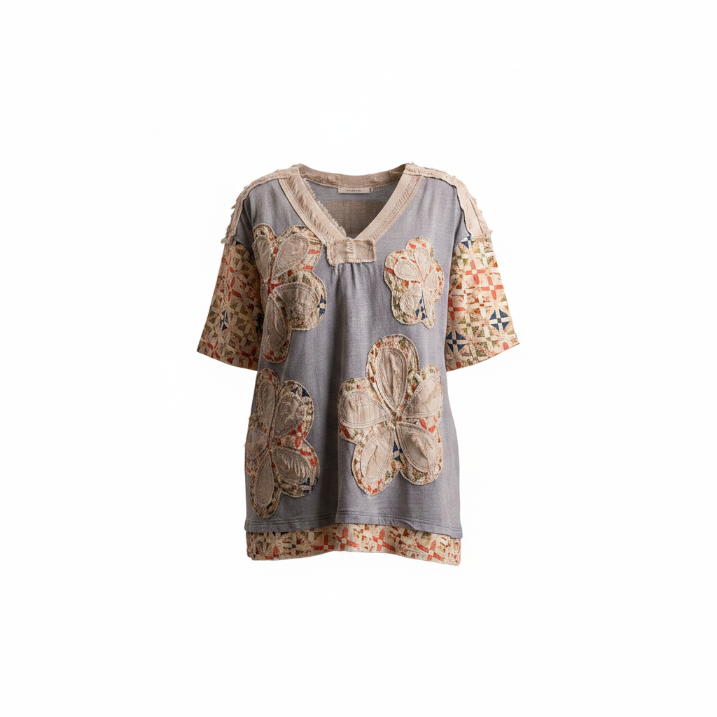 Bluevelvet dusty blue V-neck patchwork top, floral appliqué front, ghost mannequin front view