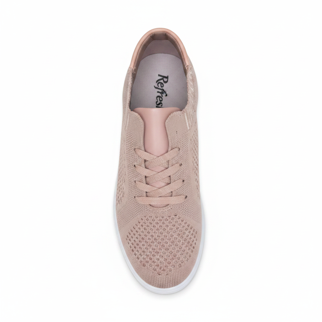 Mauve flyknit lace-up sneaker top-down overhead view showing lace-up tongue and knit upper texture on white background
