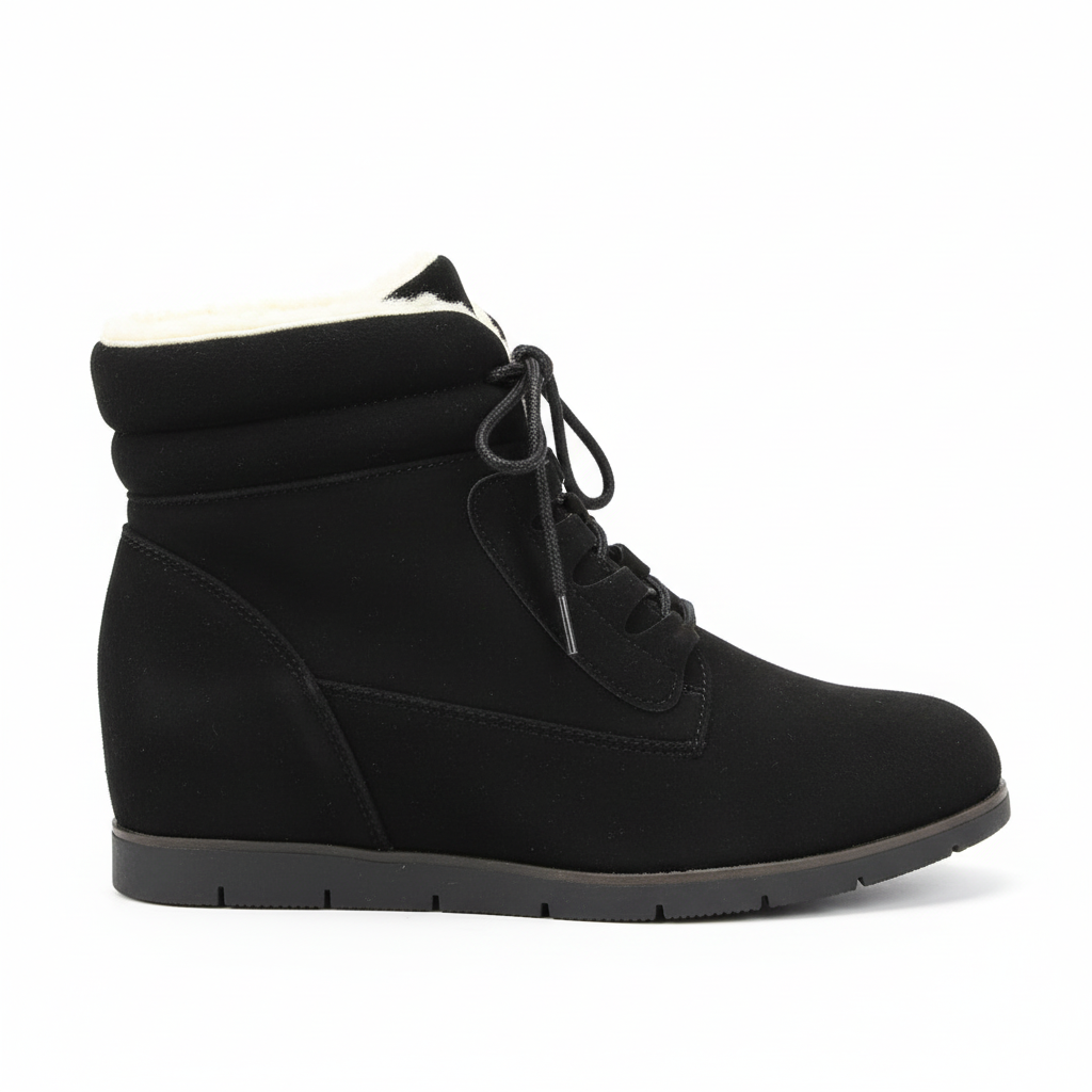 Black suede wedge ankle boot side profile view displaying wedge heel and lace-up detail with black laces