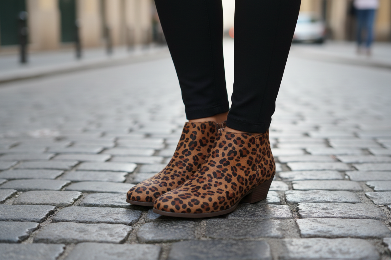Close-up of leopard print ankle booties with black leggings showing texture and pattern detail
